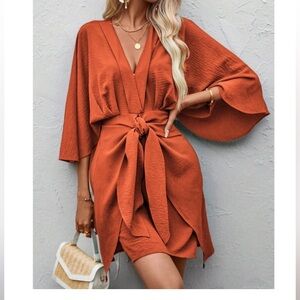Solid V neck 3/4 Kimono Sleeve Stretchy Tie Waist Dress